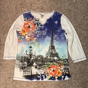 Christopher & Banks Paris Print Long Sleeve Top - Blue, White, Orange